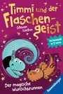 „Timmi und der Flaschengeist“ in gelber Schrift, darunter „Der magische Wunschbrunnen“. Ein Hund und ein blauer Geist.