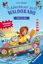 "Abenteuer in Waldorado: Otter in Not" steht über einer Illustration mit Mädchen, Tier und Rettungsaktion im Wasser.