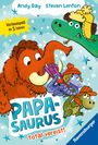 "Vorlesespaß ab 5 Jahren", "PAPASAURUS", "Total vereist!", "Ravensburger". Illustration: Mammut, Dinos, Winterkleidung, Schnee.