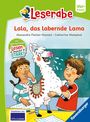 „Leserabe: Lala, das labernde Lama.“ Zwei lachende Kinder und ein fröhliches Lama in farbenfroher Illustration.