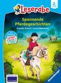 „Leserabe“, „Spannende Pferdegeschichten“, „2. Klasse“. Illustration: Mädchen reitet ein Pony auf einer Wiese.