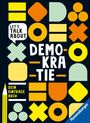 Text: "Let’s talk about Demokratie. Dein Eintragebuch." 
Bunte geometrische Formen auf dunklem Hintergrund.