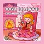 "Cozy Coloring Girl Moments" steht im Zentrum. Illustration: Person sitzt mit Mäusen und Decke vor einem Kamin.