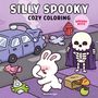 "SILLY SPOOKY COZY COLORING, HIKARU KOTZ." Eine Illustration mit Kaninchen, Skelett und lila Auto auf der Straße.