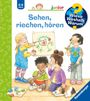Titel: Sehen, riechen, hören. Kinder spielen und erforschen Sinne. Illustration mit bunten Farben und fröhlichem Szenario.