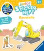 „Über 150 Sticker + Ausklappseite“, bunte Illustration: Bagger, Bauarbeiter, Schubkarre; kindgerechte Gestaltung.