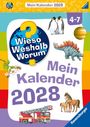„Mein Kalender 2028“: Bunte Illustration mit Pinguinen, Dinosaurier, Blumen, Feuerwehrauto, Planeten und Logo.
