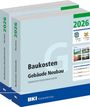"Baukosten Gebäude Neubau 2026" auf zwei Buchrücken, dazu Illustrationen von Gebäuden und Diagrammen.