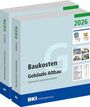 "Baukosten Gebäude Altbau 2026" auf zwei Buchrücken und Deckblatt. Links: "BKI Kostenplanung". Graues Cover, grüne Akzente.