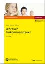 Steuerfachkurs Lehrbuch: "Lehrbuch Einkommensteuer, 32. Auflage", gelbes Cover, Frau schaut nachdenklich.