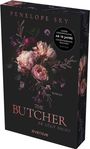 „Penelope Sky - The Butcher: Er lügt nicht“ steht in rosa Schrift, umgeben von floralen Verzierungen.