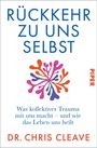 "RÜCKKEHR ZU UNS SELBST" in Blau. Darunter ein buntes Muster aus organischen Formen, Name des Autors unten in Rot.