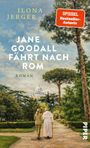 Buchtitel "Jane Goodall fährt nach Rom" von Ilona Jerger. Zwei Personen spazieren in einem Garten, eine trägt Weiß.