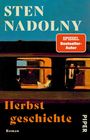 Oben steht "STEN NADOLNY", darunter "Herbstgeschichte". Illustration eines Zuges, Menschen lesen darin.