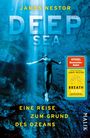 "DEEP SEA", "Eine Reise zum Grund des Ozeans", "SPIEGEL Bestseller-Autor". Taucherin in blauer Unterwasserhöhle.