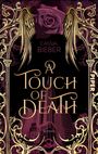 Goldene Texte: "Cassia Bieber", "A Touch of Death", "Roman". Purpurne Rose, goldene Flügel und Verzierungen im Hintergrund.