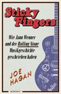 Buchtitel: "Sticky Fingers". Untertitel: "Wie Jann Wenner und der Rolling Stone Musikgeschichte geschrieben haben". Autor: Joe Hagan. Illustration: Gitarre mit Bandlogos.