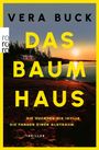 "Vera Buck: DAS BAUMHAUS. Sie suchten die Idylle, sie fanden einen Albtraum. Thriller." Ein rotes Haus am See bei Sonnenuntergang.