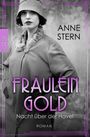 "Fräulein Gold: Nacht über der Havel" von Anne Stern. Frau in Vintage-Mantel mit Hut, lila Verzierungen im Rahmen.