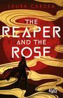 "The Reaper and the Rose", Laura Cardea. Silhouette einer Person vor rotem Hintergrund mit goldenen Mustern.