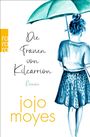 "Die Frauen von Kilcarrion, Roman, jojo moyes." Illustration einer Frau mit Schirm und blauem Rock. Links 'rororo'-Logo.