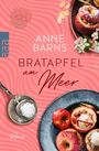 "Anne Barns, Bratapfel am Meer, Roman." Rote Äpfel mit Füllung, Puderzucker und Blumen auf rotem Hintergrund mit Spiralmuster.