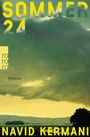 Text: "SOMMER 24", "ROMAN", "NAVID KERMANI". Stimmung: Landschaft mit düsteren Wolken, Baum, Felder in Grün- und Gelbtönen.