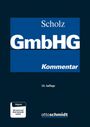 „Scholz GmbHG Kommentar, 14. Auflage, Digital bei juris und Otto Schmidt online.“ Dunkelblaues Design.
