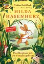 Text: "Tobias Goldfarb, illustriert von Verena Körting, Hilda Hasenherz, Bestseller-Autor, Das Abenteuer mit dem Sumpfungeheuer." 

Illustration: Ein Hase läuft, umgeben von grüner Wildnis. Ein Vogel, Fuchs und Igel schauen zu.