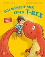 „Ich wünsch’ mir einen T-Rex“. Ein Junge in Pyjama reitet lächelnd auf einem freundlichen, roten Dinosaurier.