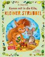 „Komm mit in die Kita, KLEINER STRUBBEL“. Ein Eichhörnchen und eine Maus spielen mit Spielzeug. Bunte, kindliche Illustration.