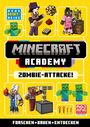 "Neue Mini-Reihe", "MINECRAFT ACADEMY", "ZOMBIE-ATTACKE!", "FORSCHEN • BAUEN • ENTDECKEN". Illustration von Minecraft-Figuren.