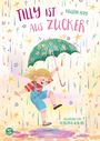 "Tilly ist aus Zucker" von Kristin May. Buntes Design mit fröhlichem Kind und Regenschirm im Regen.