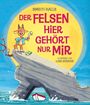 Text: "Smriti Halls - Der Felsen hier gehört nur mir" illustriert von Luke Scriven.  
Illustration: Ziege mit Anzug und Bild auf einem Felsen, darunter Wellen und Boot.