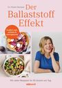 "Der Ballaststoff Effekt", "Endlich satt, schlank & darmgesund." Frau lächelt, Teller mit Figendekor und bunte Schüssel.