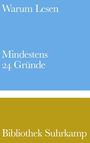 "Warum Lesen Mindestens 24 Gründe Bibliothek Suhrkamp" in weißen Lettern auf blauem und olivgrünem Hintergrund.