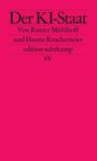 Roter Hintergrund mit schwarzem Text: "Der KI-Staat" von Rainer Mühlhoff und Hanna Ruschenmeier, edition suhrkamp, SV.