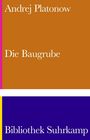"Andrej Platonow: Die Baugrube. Bibliothek Suhrkamp" auf orange-violettem Hintergrund mit pinkem Rand.
