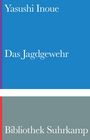 "Yasushi Inoue", "Das Jagdgewehr", "Bibliothek Suhrkamp". Farben: Blau, Grau. Klarer, minimalistischer Stil.