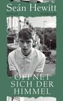 "Öffnet sich der Himmel" und "Seán Hewitt" stehen in einem Cover-Design. Ein junger Mann in einem weißen Poloshirt schaut ernst.