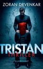 „ZORAN DRVENKAR, TRISTAN, THRILLER, SUHRKAMP“. Ein Mann im Anzug kniet mit roter Kapuze vor einem anderen.