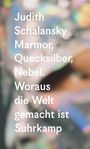 Text: „Judith Schalansky Marmor, Quecksilber, Nebel. Woraus die Welt gemacht ist Suhrkamp.“ Bunter, verschwommener Hintergrund.