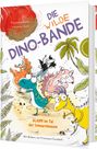 "Die wilde Dino-Bande: Alarm im Tal der Schnarchnasen." Bunte, fröhliche Dinosaurier stehen um eine Palme.
