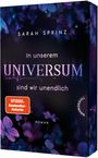 „In unserem Universum sind wir unendlich“. „SARAH SPRINZ“. „SPIGEL Bestseller-Autorin“. Fliederfarbene Blumen. Romanform.