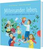 "Miteinander leben. Was die Zehn Gebote wertvoll macht." Illustration von fröhlichen Menschen und Natur auf blauem Hintergrund.
