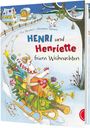 „Henri und Henriette feiern Weihnachten“. Zwei Hühner auf Schlitten im Schnee, fröhliche Tiere, festliche Stimmung.
