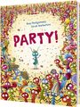Aufschrift: "PARTY!" In einer bunten Illustration tanzen und feiern Insekten ausgelassen.