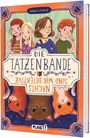 Titel: Die Tatzenbande - Nachts sind wir Detektive. Illustration: Vier Kinder und drei Katzen, farbenfroh und fröhlich.