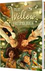 „Mein Willow Freundebuch“ steht in großen Buchstaben. Kinder liegen fröhlich auf einer Wiese mit Blumen und Kerzen.