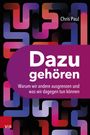 "Dazugehören" in weißer Schrift auf violettem Hintergrund. Verschlungene, bunte Linien auf schwarzem Hintergrund.